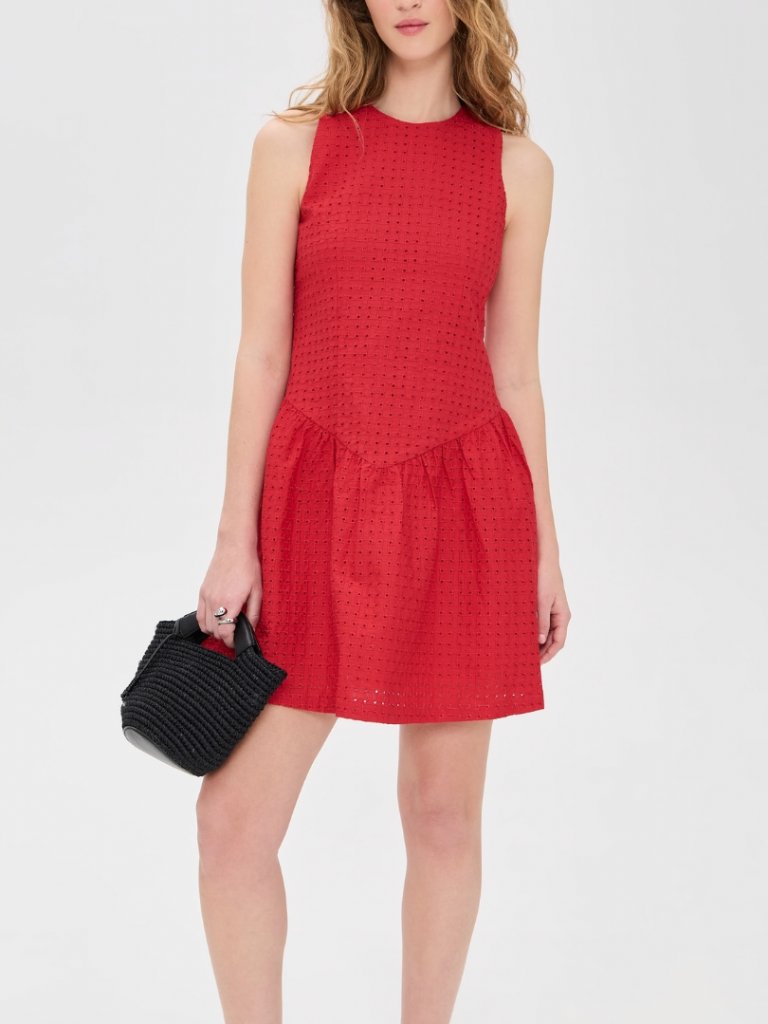 $475 Nwt Atelier 17.56 Red Eyelet Embroidered Short Jana Cotton Dress Size M